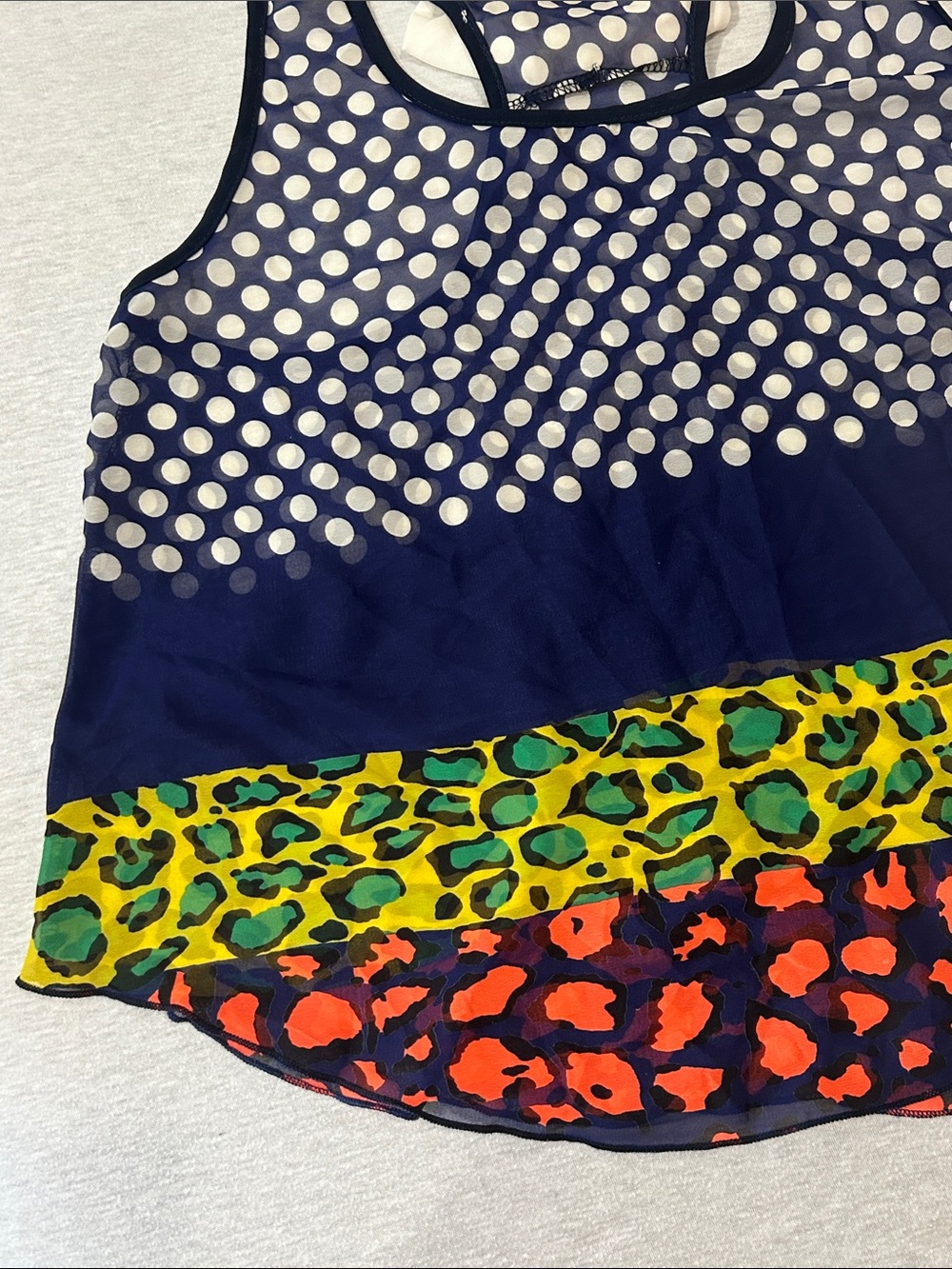 Beware! Girls Navy Polka Dot Racerback Tank with Neon Animal Trim Sz XL - Picture 4 of 7